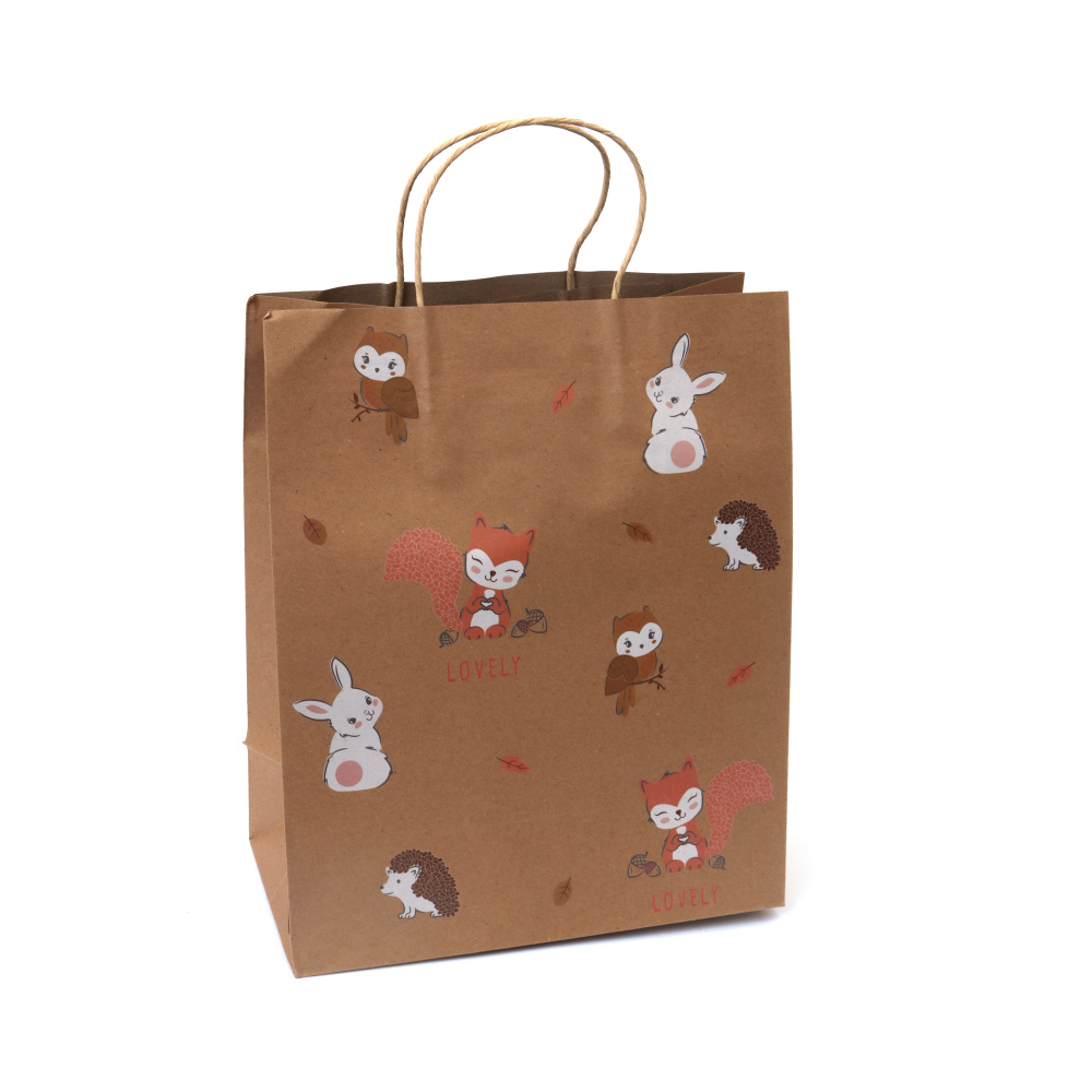 Pungă de cadou din carton kraft 26x32x13,5 cm cu imprimeu colorat Animale drăguțe