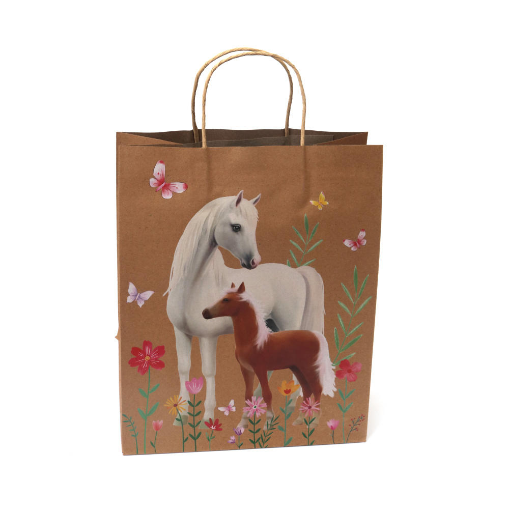 Подаръчна торбичка от крафт картон 26x32x13.5 см с цветен принт Нежни кончета