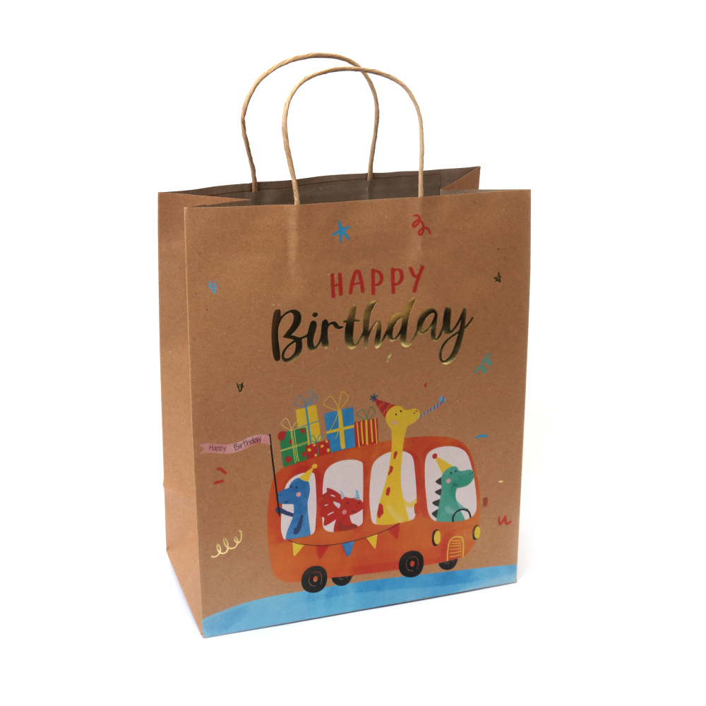 Pungă cadou din carton kraft 26x32x13,5 cm cu imprimeu colorat și inscripția „La mulți ani”