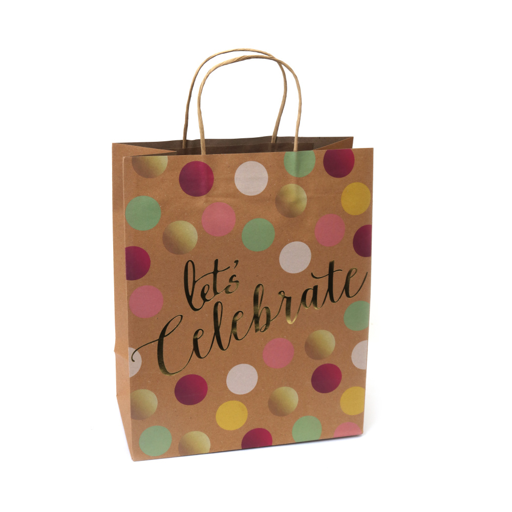 Pungă cadou din carton kraft 26x32x13,5 cm cu imprimeu colorat și inscripția „Hai sărbători”
