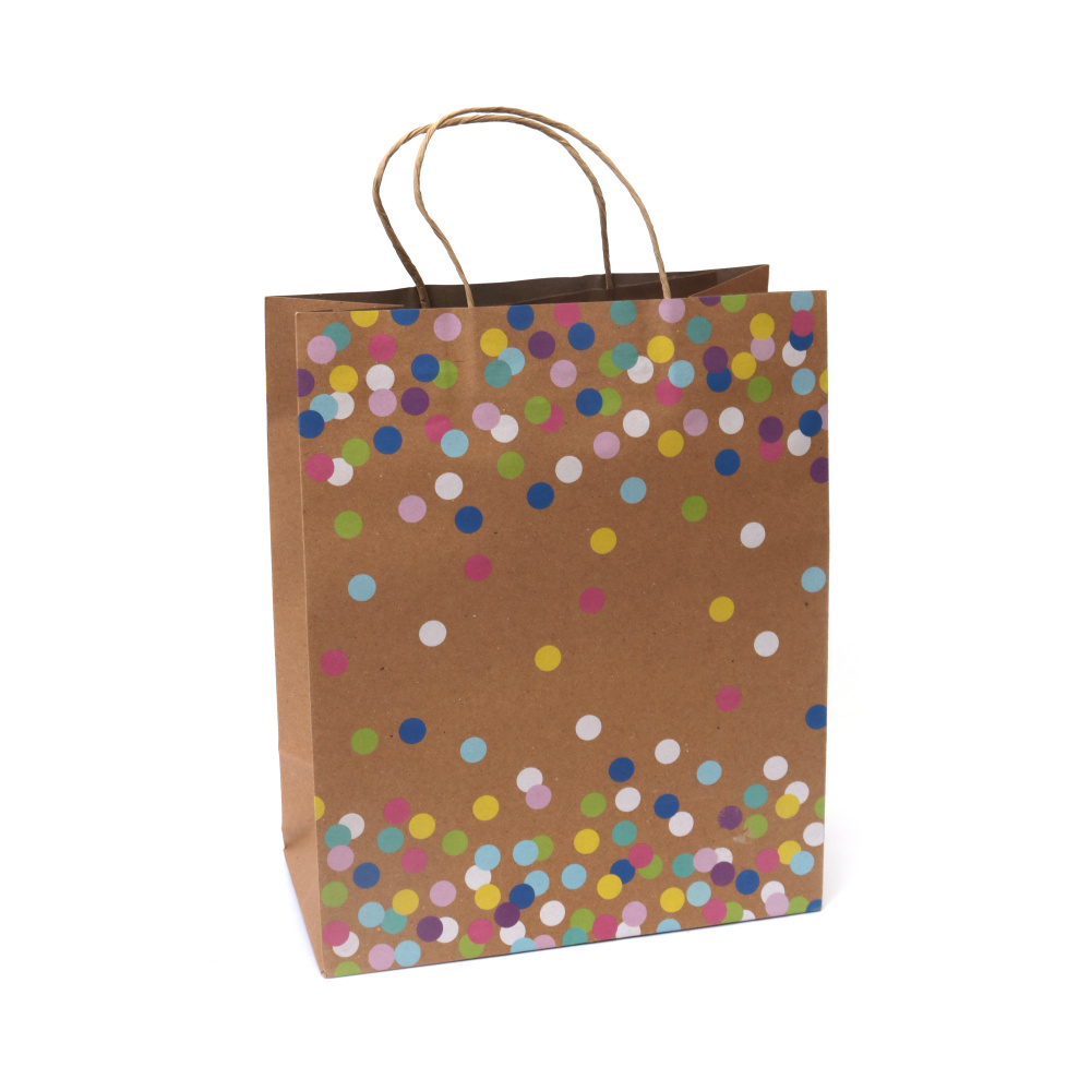 Pungă cadou din carton kraft 26x32x13,5 cm cu imprimeu colorat confetti pastel