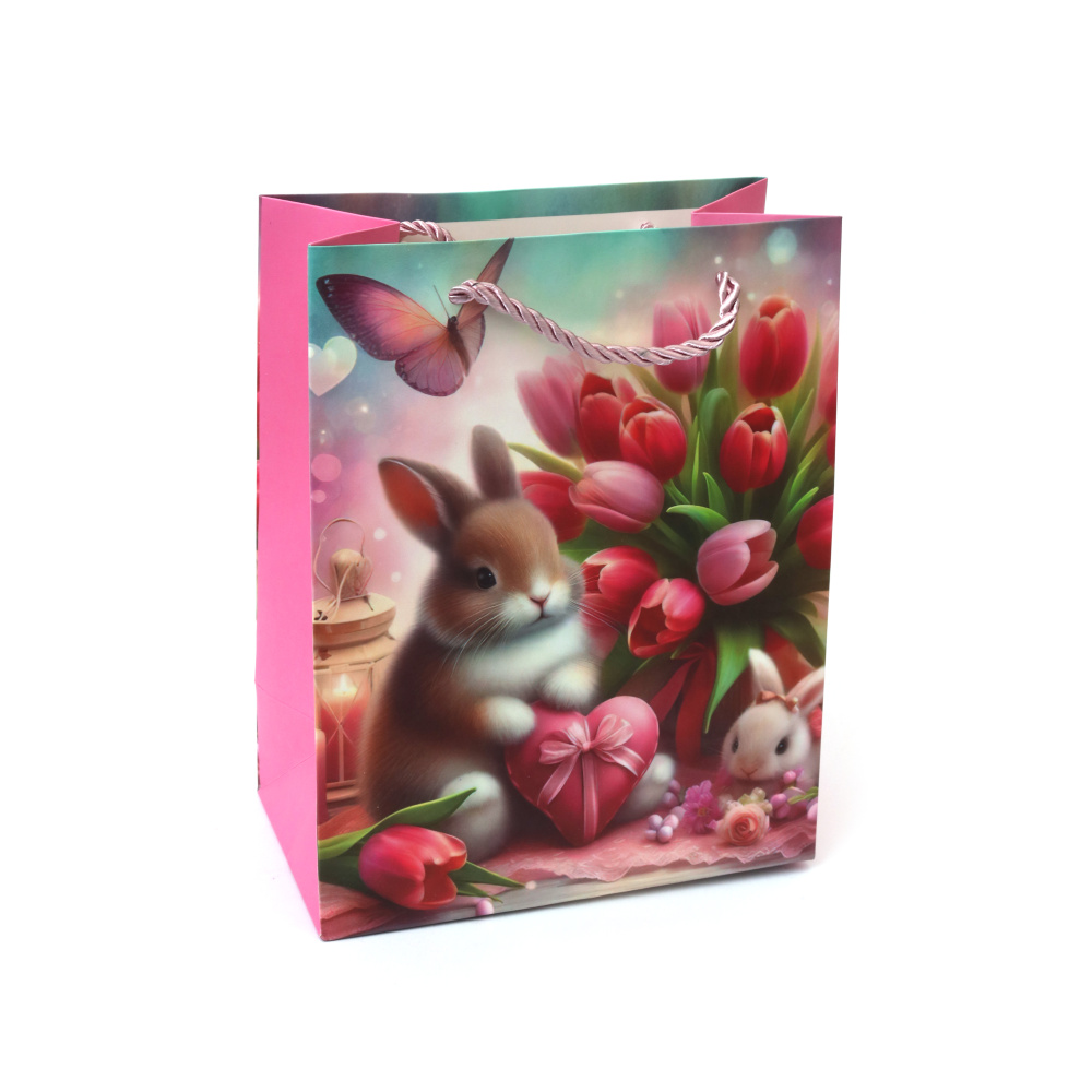 Pungă de cadou din carton 18x23x10 cm Iepurași cu flori