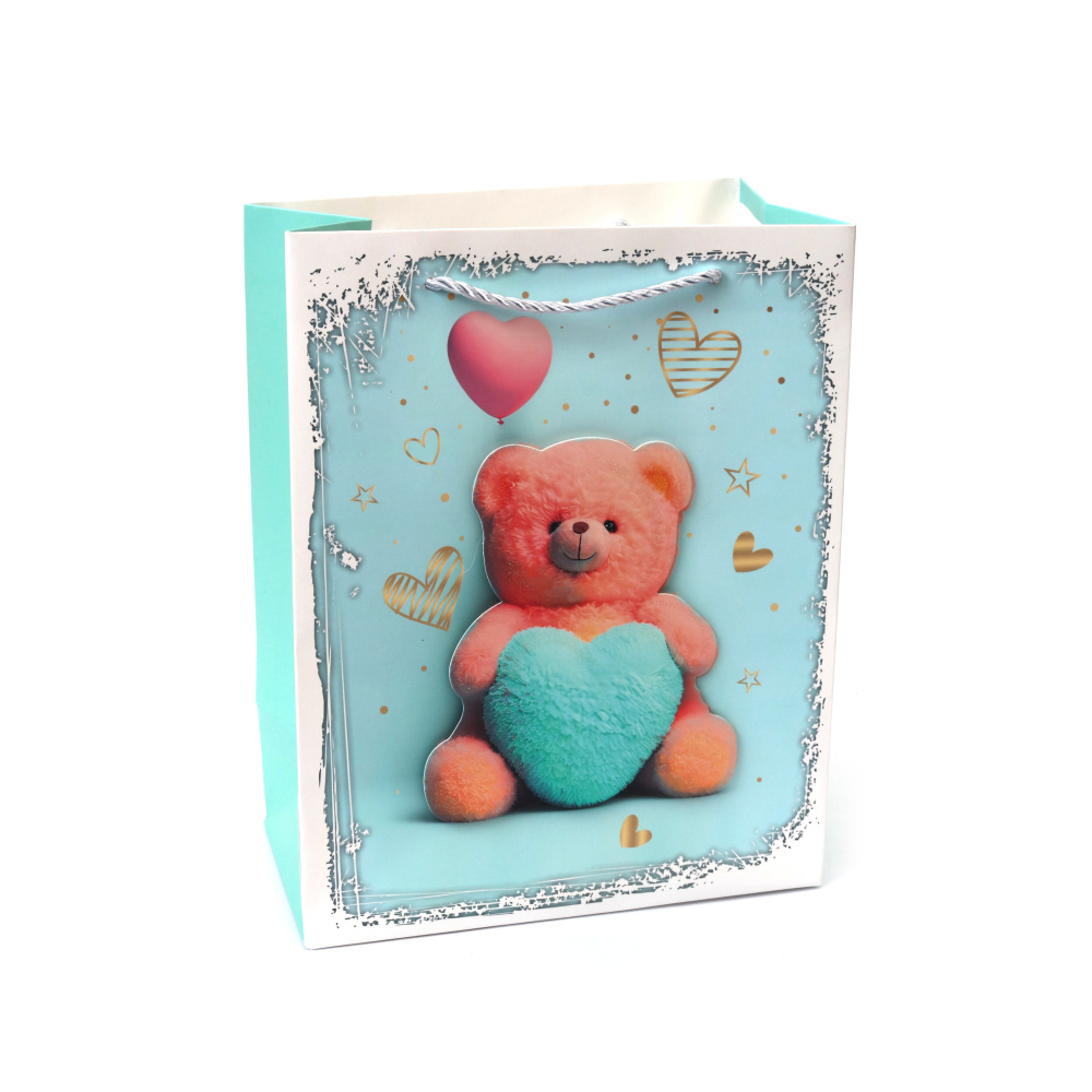 Pungă de cadou din carton 18x23x10 cm Ursuleț de pluș 3D cu inimă