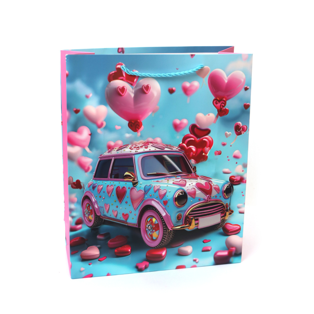 Pungă de cadou din carton 26x32x10 cm Iubire 3D pe roți