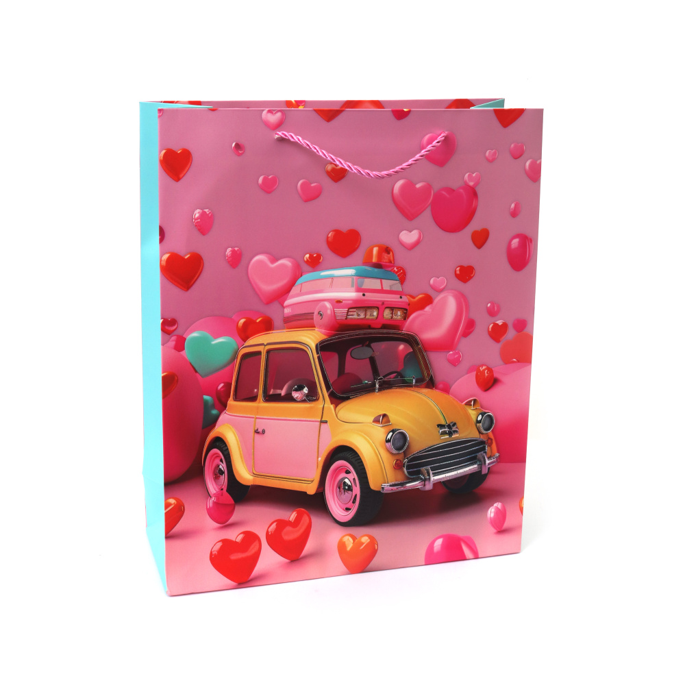 Pungă cadou carton 26x32x10 cm Călătorie romantică 3D cu inimioare