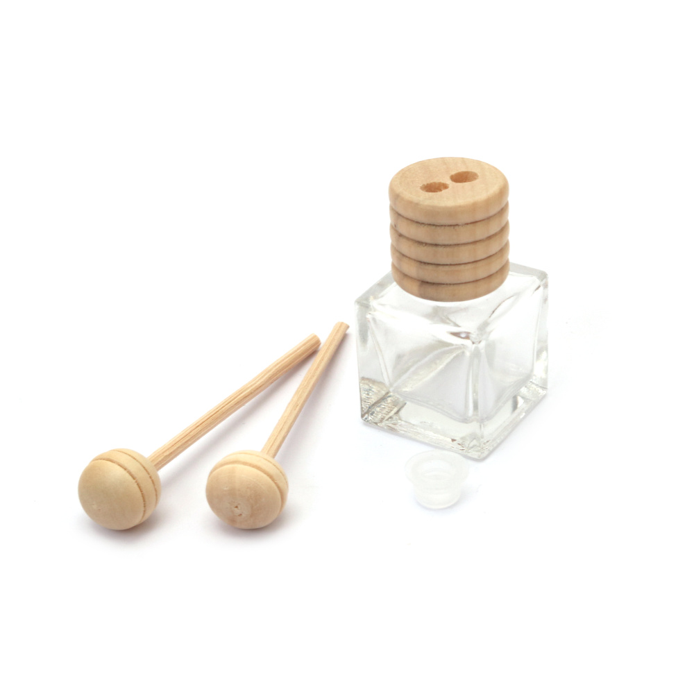 Glass Bottle 25x40x25 mm with Wooden Cap and Sticks for Fragrance Diffuser