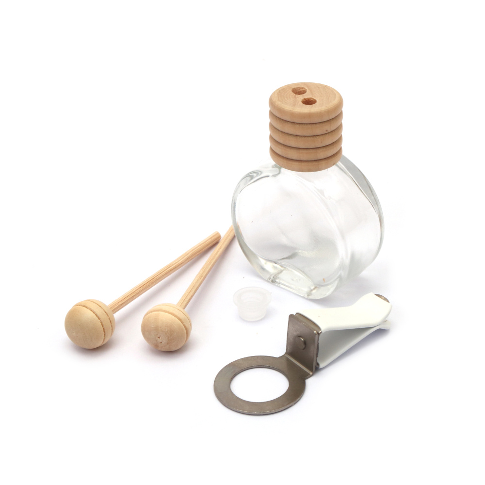 Glass Bottle 42x50x20 mm with Wooden Cap, Sticks, and Clip for Fragrance Diffuser