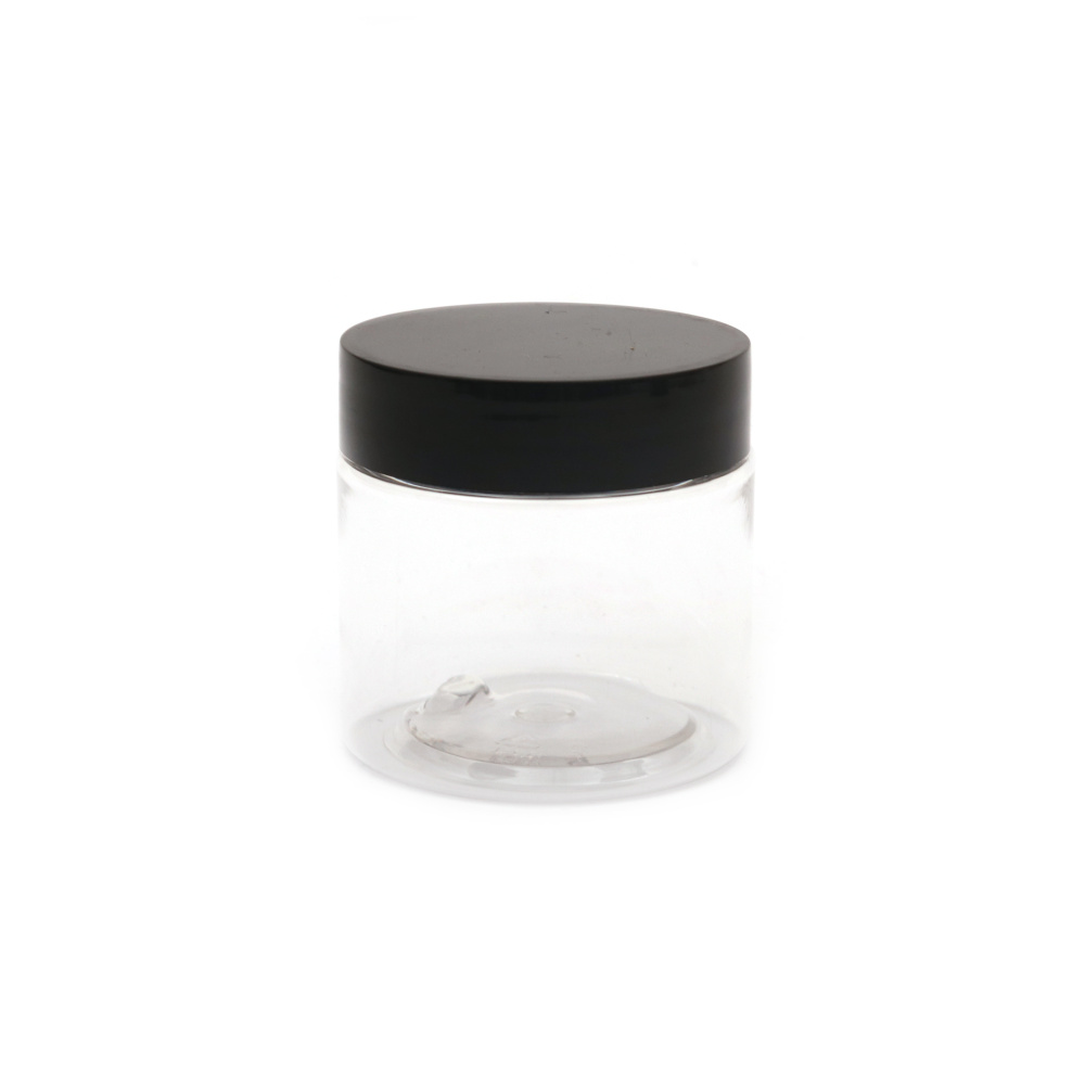 Plastic Storage Jar / 48x50 mm, Opening: 42 mm / Transparent with Black Cap / 60 ml