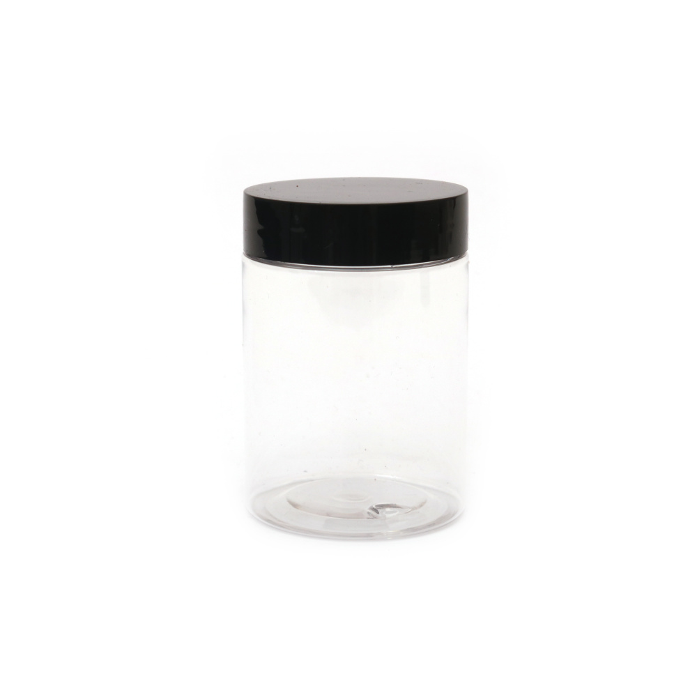 Plastic Storage Jar / 70x50 mm, Opening: 42 mm / Transparent with Black Cap / 100 ml