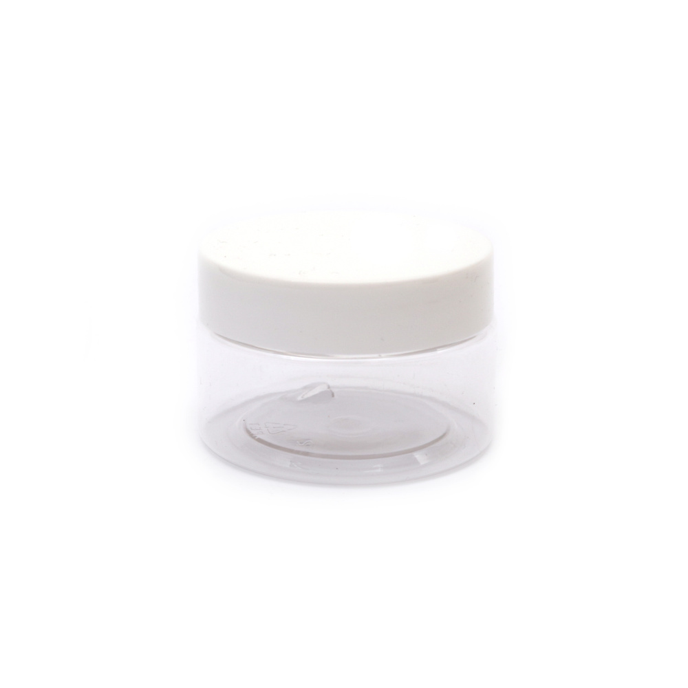Plastic Storage Jar / 34x60 mm, Opening: 50 mm / Transparent with White Cap / 50 ml