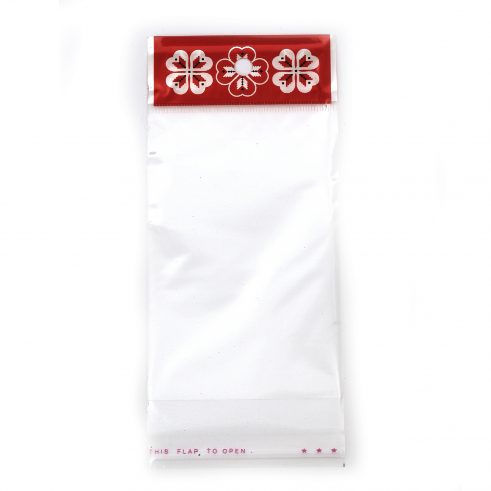 Cellophane Bag, 8/12+3 cm, with Self-Adhesive Flap, Decorated with Clover Prints - Pack of 100