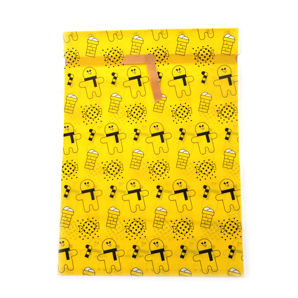 Plic de Crăciun din material PE 29x42 cm cu panglică de satin, culoare galbenă cu motive de Crăciun