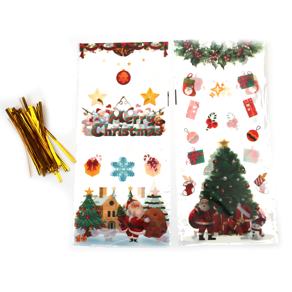 Plic de celofan 12x27 cm MIX 4 modele cu motive de Crăciun și panglică - 50 bucăți