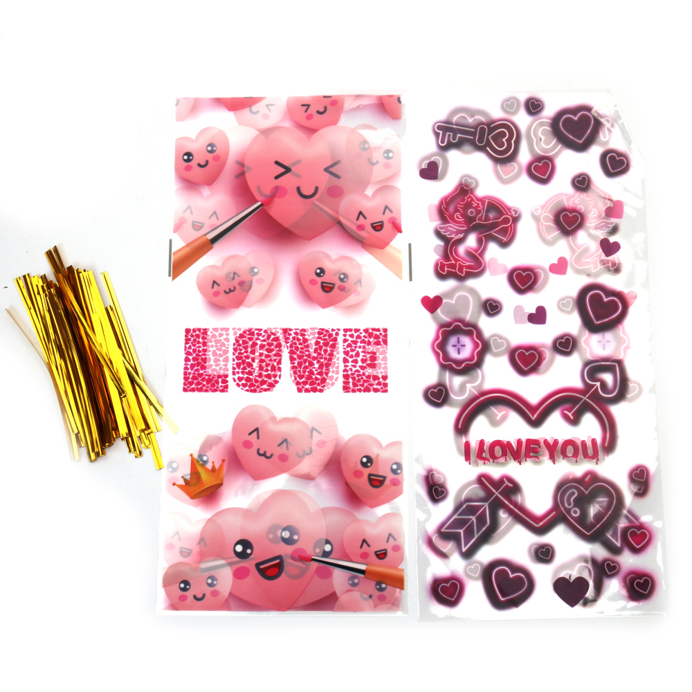 Pungiță de celofan 12x27 cm MIX Love 4 modele cu legături - 50 bucăți