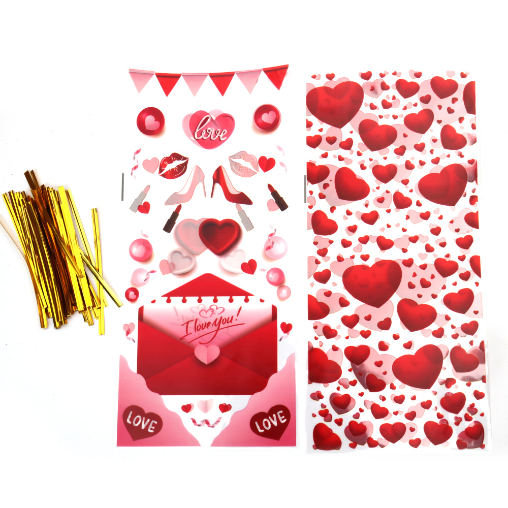 Pungiță de celofan 12x27 cm MIX Love 4 modele cu legături - 50 bucăți