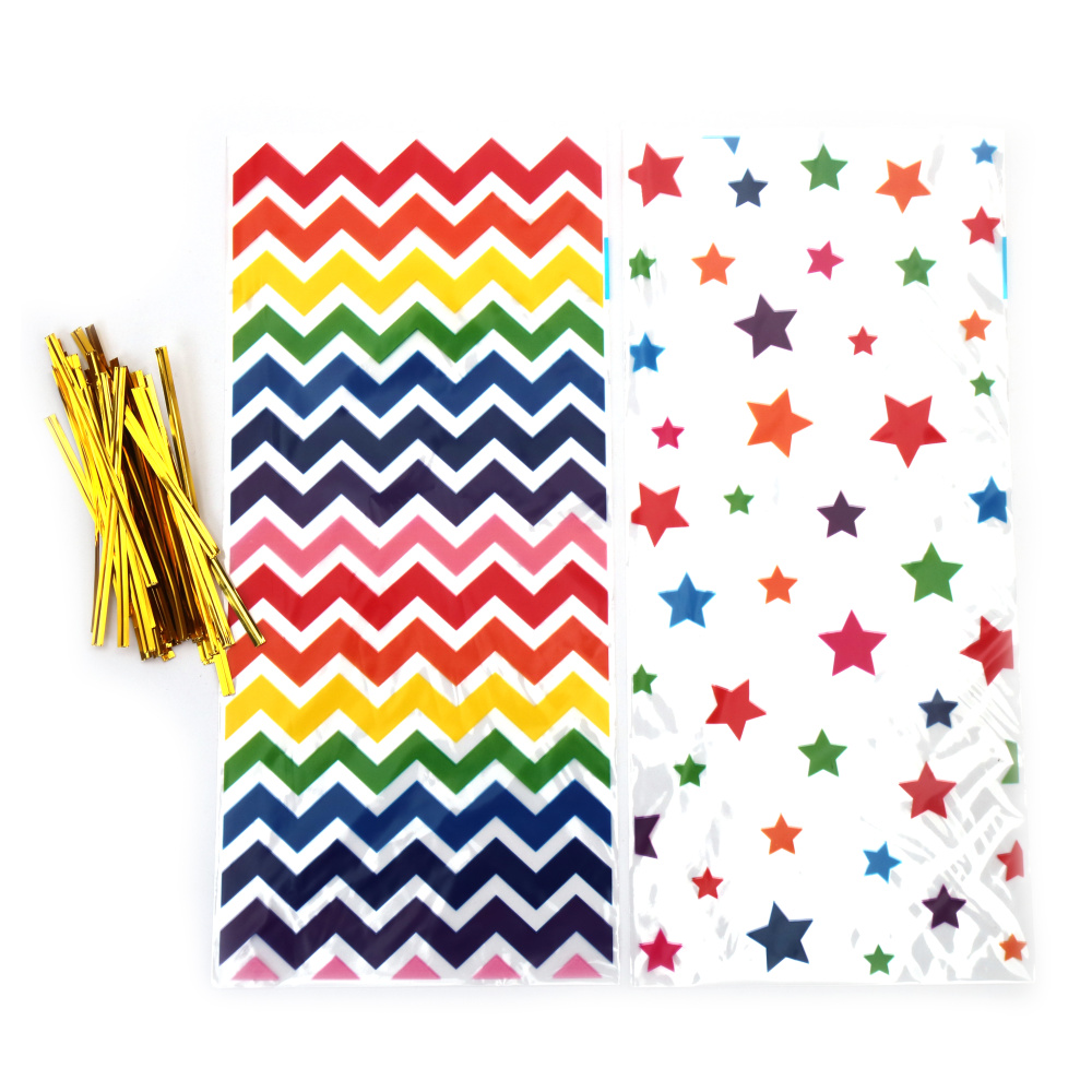 Pungă de celofan 12x27 cm MIX Rainbow 4 modele cu legătură - 50 bucăți