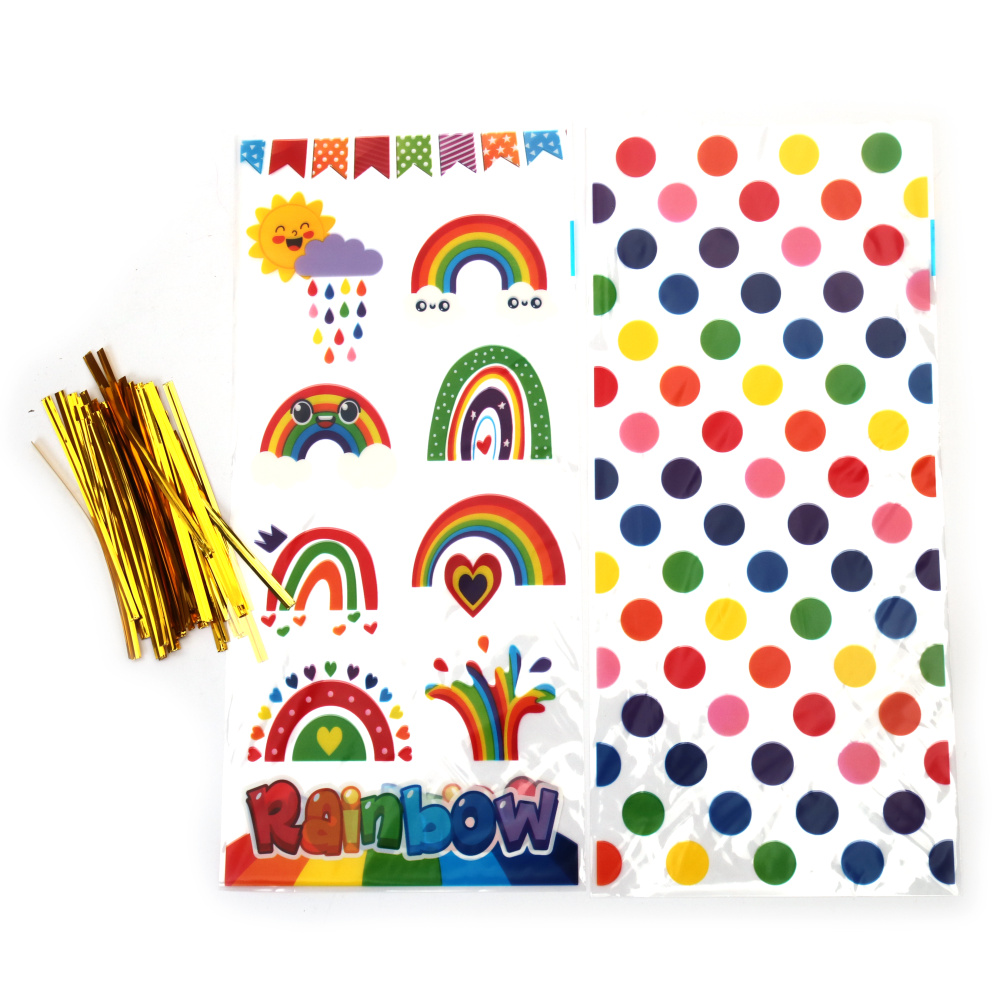 Pungă de celofan 12x27 cm MIX Rainbow 4 modele cu legătură - 50 bucăți