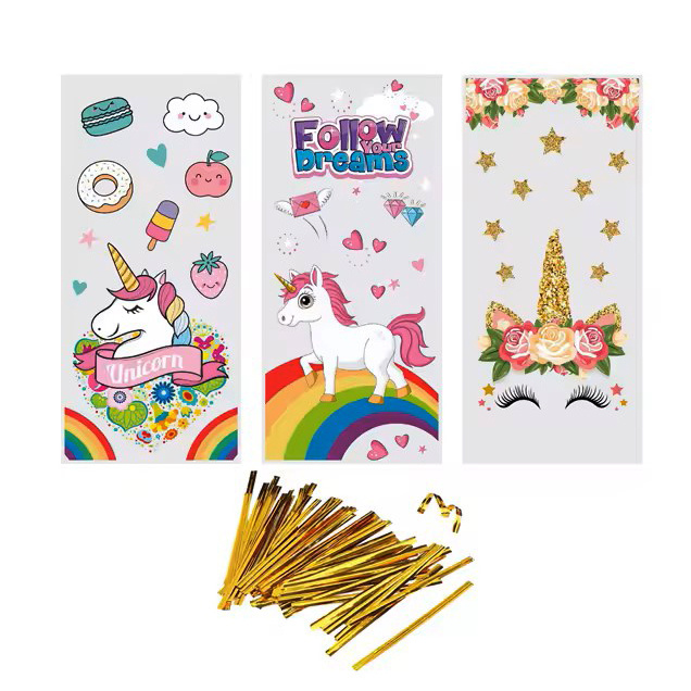 Pungă de celofan 12x27 cm MIX Unicorn 3 modele cu legătură - 50 bucăți