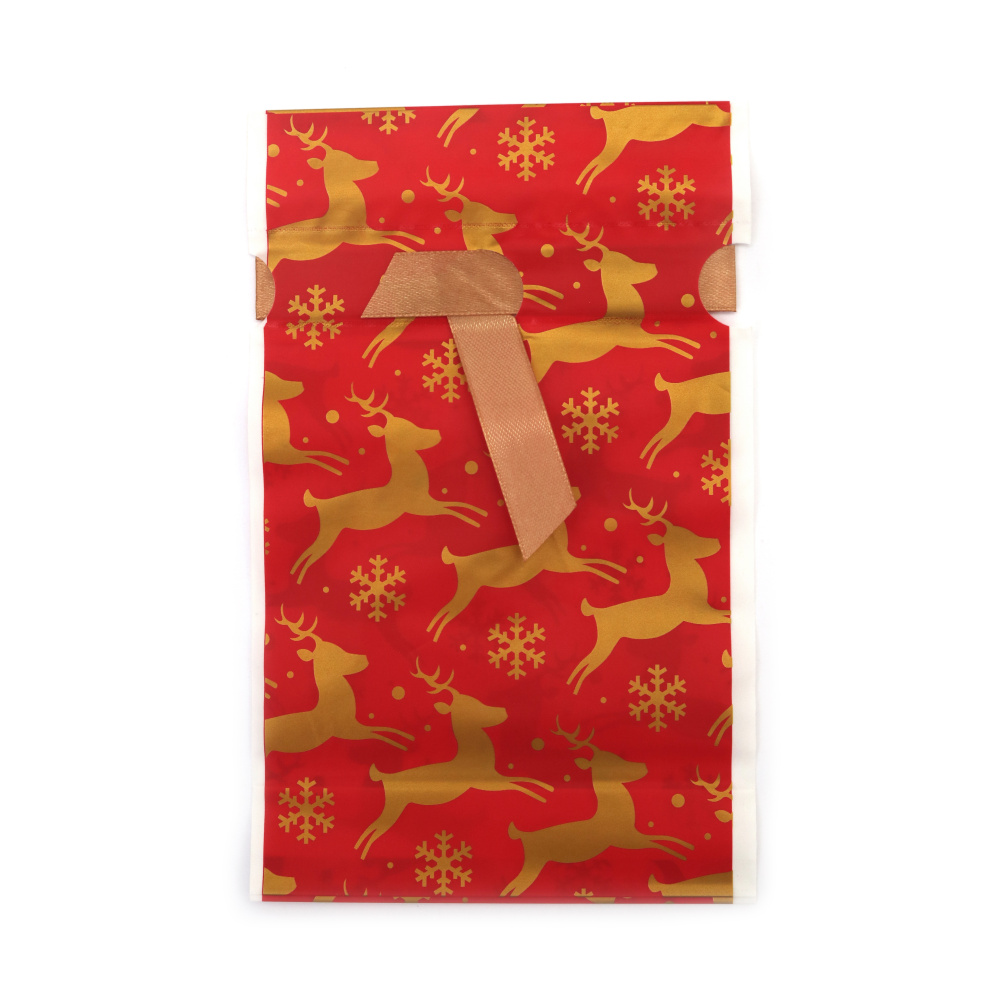 Plic de Crăciun din material PE 12x18 cm cu panglică de satin, culoare roșie cu cerbi