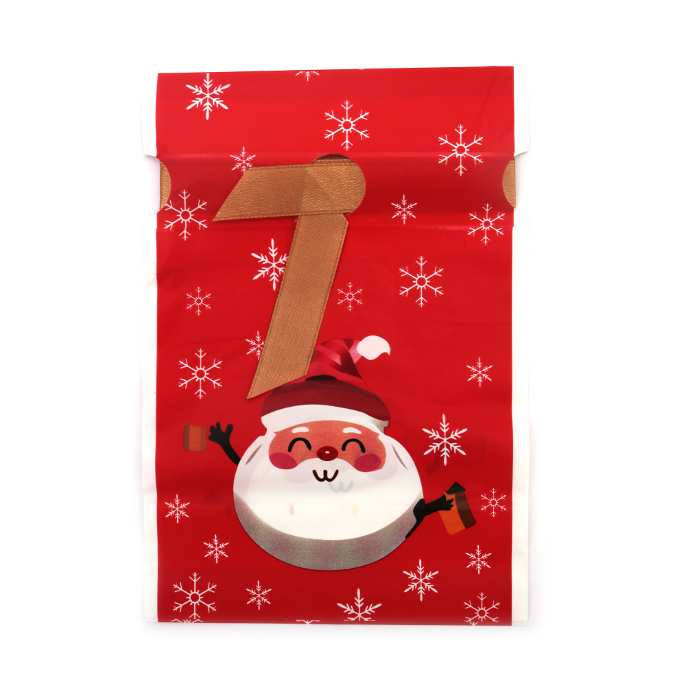 Plic de Crăciun din material PE 12x18 cm cu panglică de satin, culoare roșie cu Moș Crăciun