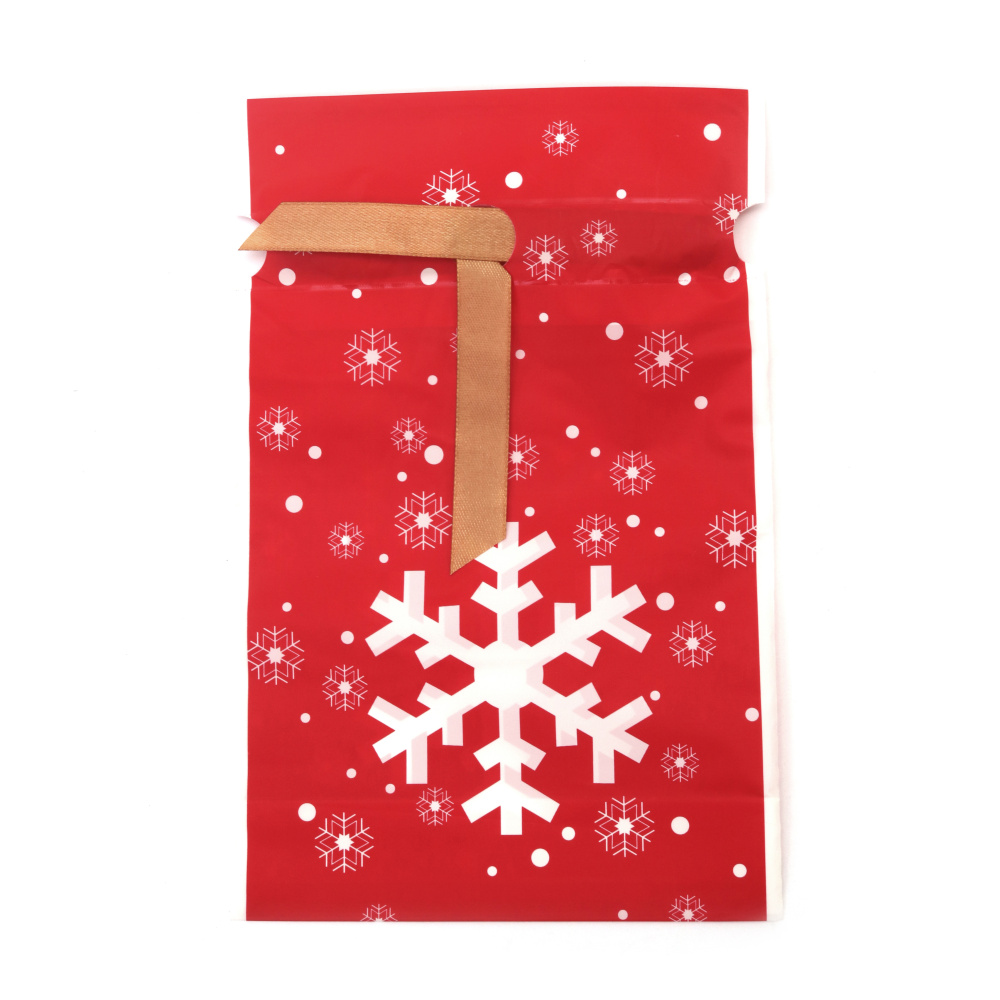 Plic de Crăciun din material PE 15x23 cm cu panglică de satin, culoare roșie cu fulgi de zăpadă