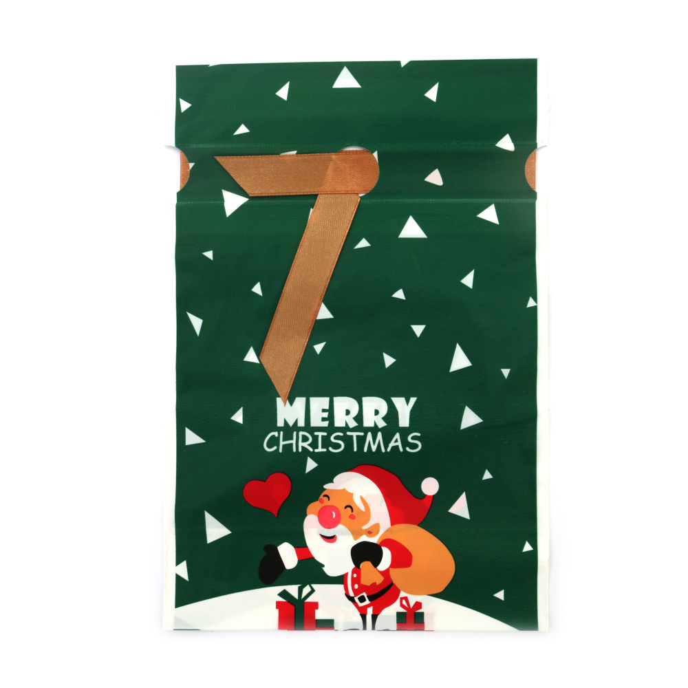 Plic de Crăciun din material PE 15x23 cm cu panglică de satin, culoare verde CRĂCIUN FERICIT cu Moș Crăciun