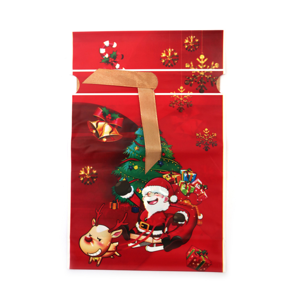 Plic de Crăciun din material PE 15x23 cm cu panglică de satin, culoare roșie cu Moș Crăciun pe sanie