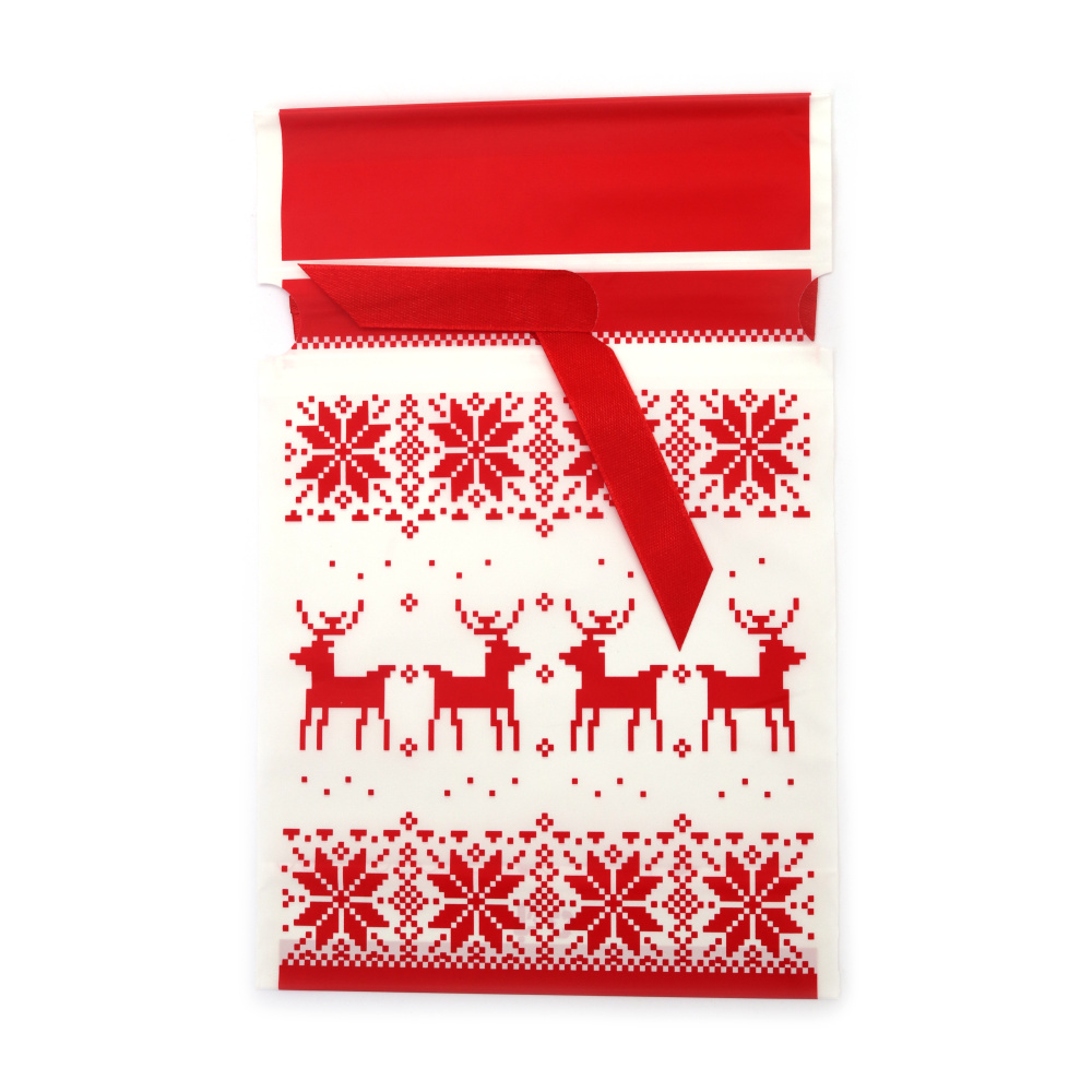 Plic de Crăciun din material PE 15x23 cm cu panglică de satin, alb și roșu cu căprioare