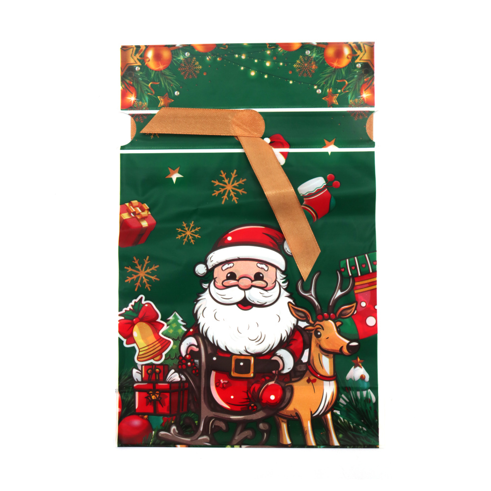 Plic de Crăciun din material PE 15x23 cm cu panglică de satin, culoare verde cu Moș Crăciun și căprioare