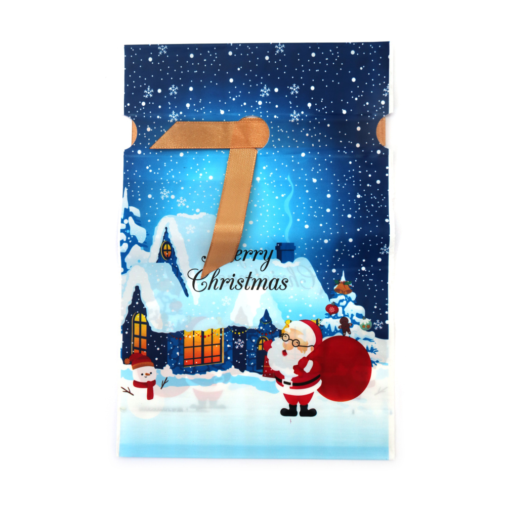 Plic de Crăciun din material PE 15x23 cm cu panglică de satin, culoare albastră cu Moș Crăciun și un sac cu cadouri