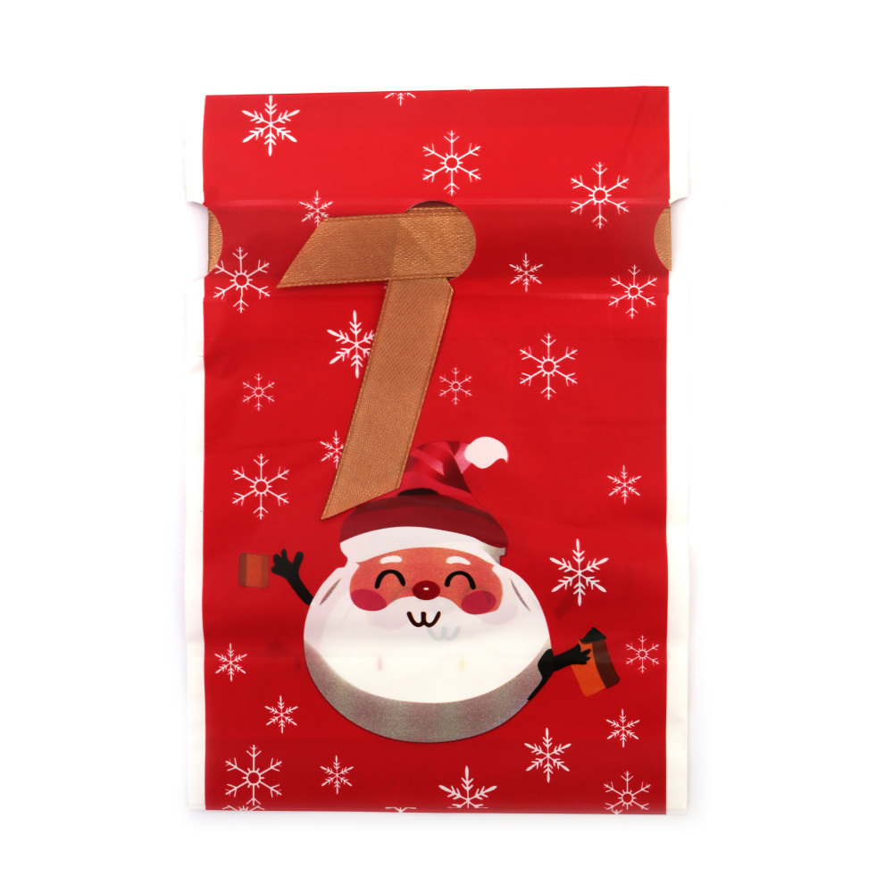 Plic de Crăciun din material PE 23x34 cm cu panglică de satin, culoare roșie cu Moș Crăciun