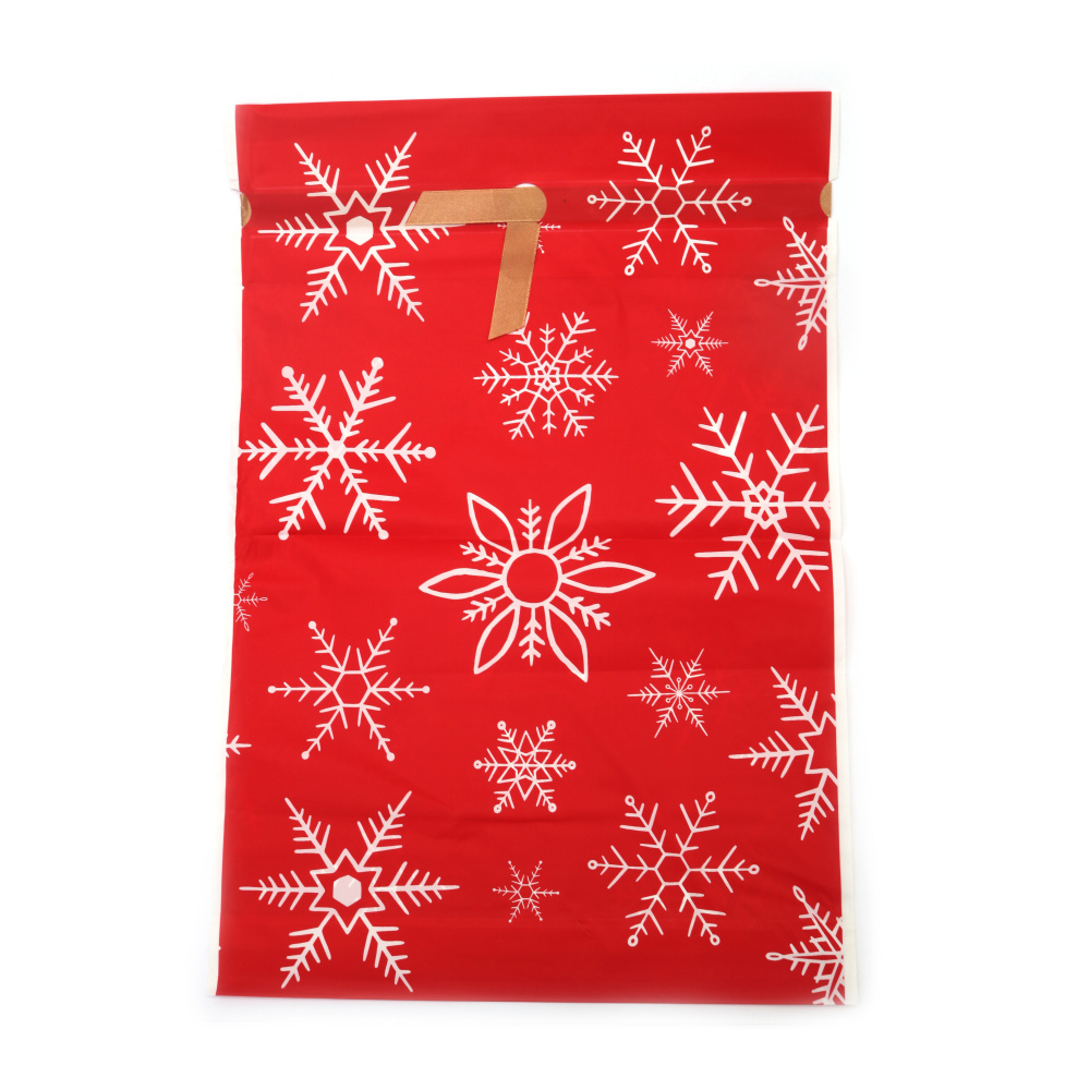 Plic de Crăciun din material PE 29x42 cm cu panglică de satin, culoare roșie cu fulgi de zăpadă