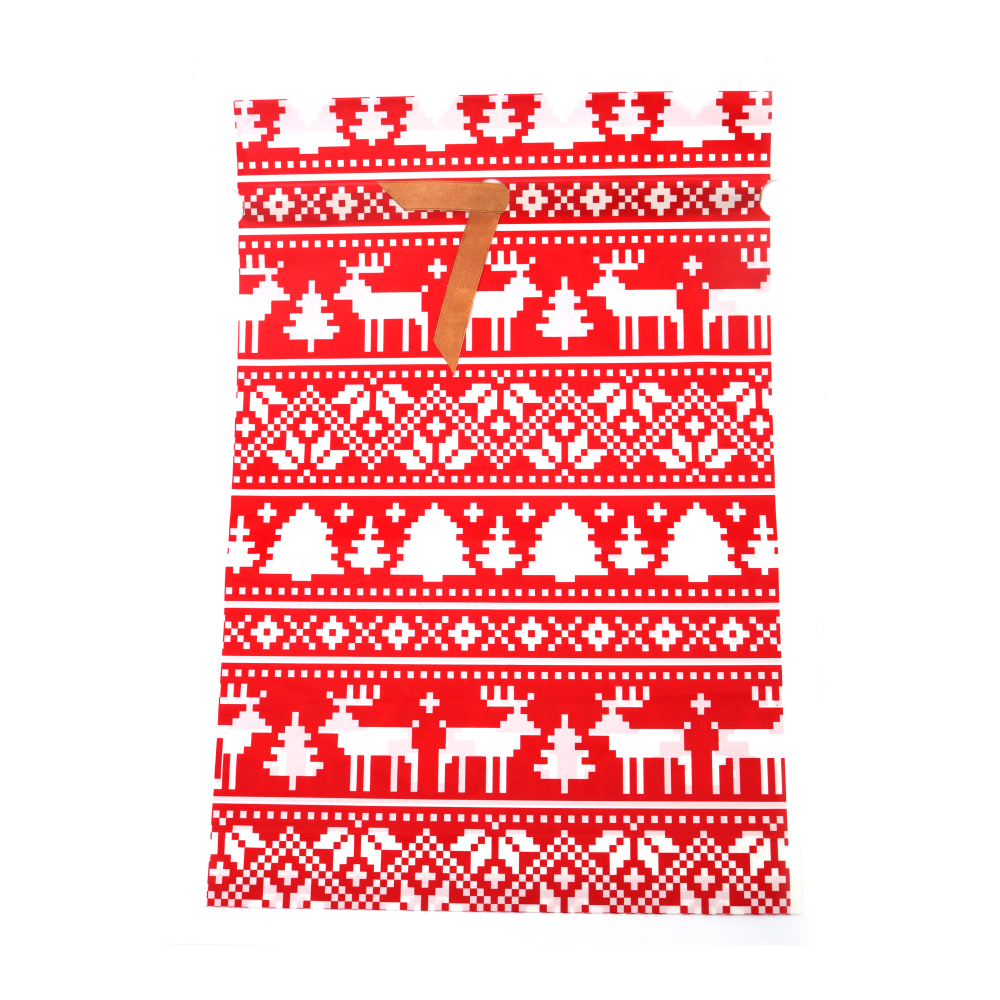 Plic de Crăciun din material PE 29x42 cm cu panglică de satin, alb și roșu cu căprioare