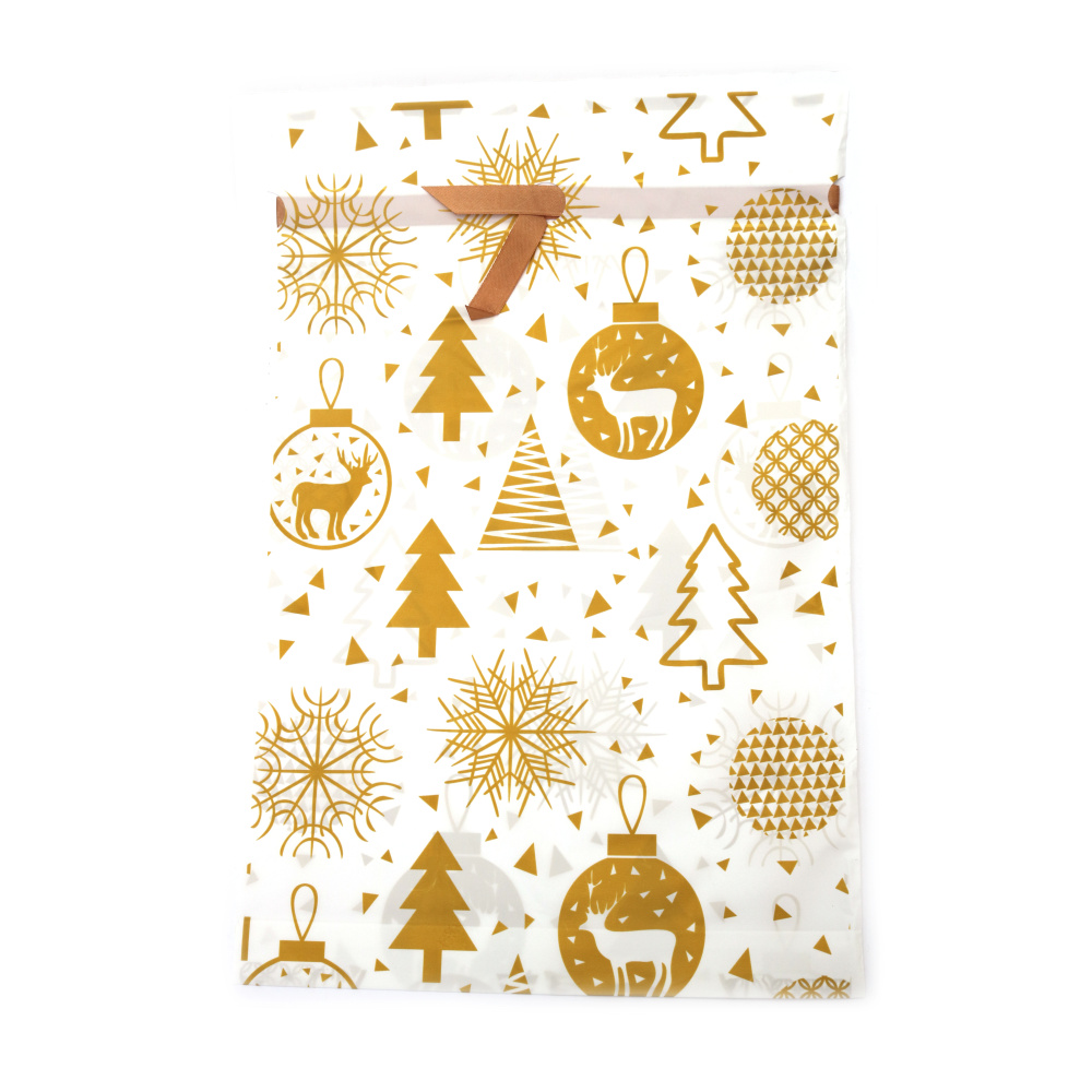 Plic de Crăciun din material PE 29x42 cm cu panglică de satin, culoare albă cu motive aurii de Crăciun