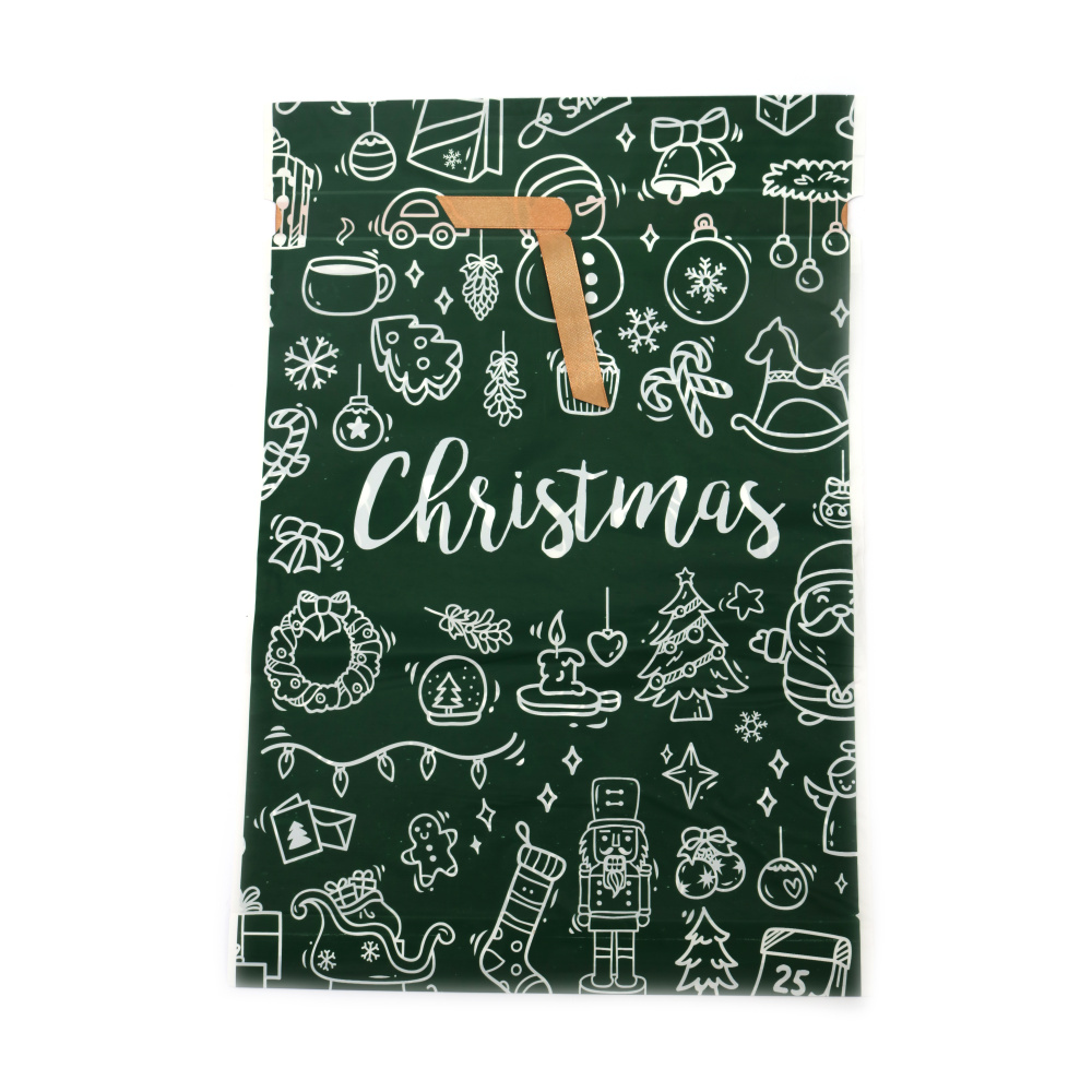 Plic de Crăciun din material PE 29x42 cm cu panglică de satin, culoare verde cu motive de Crăciun albe