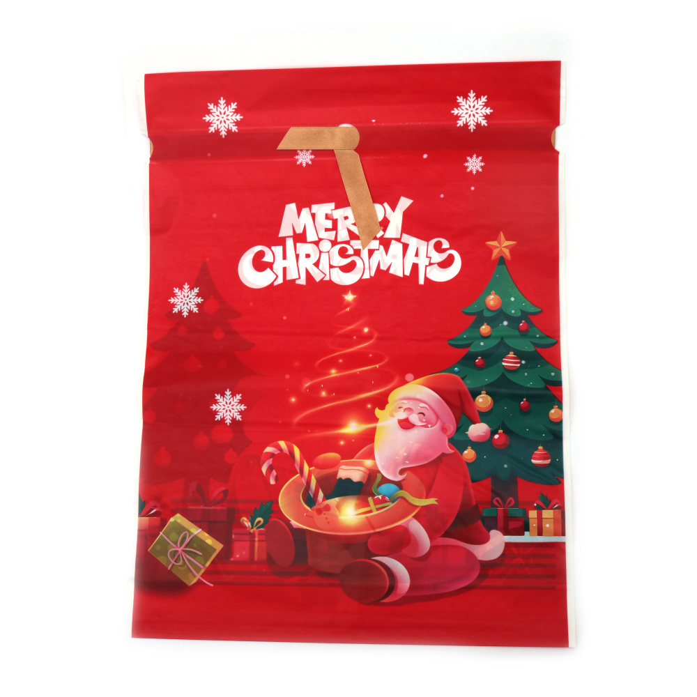 Plic de Crăciun din material PE 29x42 cm cu panglică de satin, pălărie roșie cu cadouri