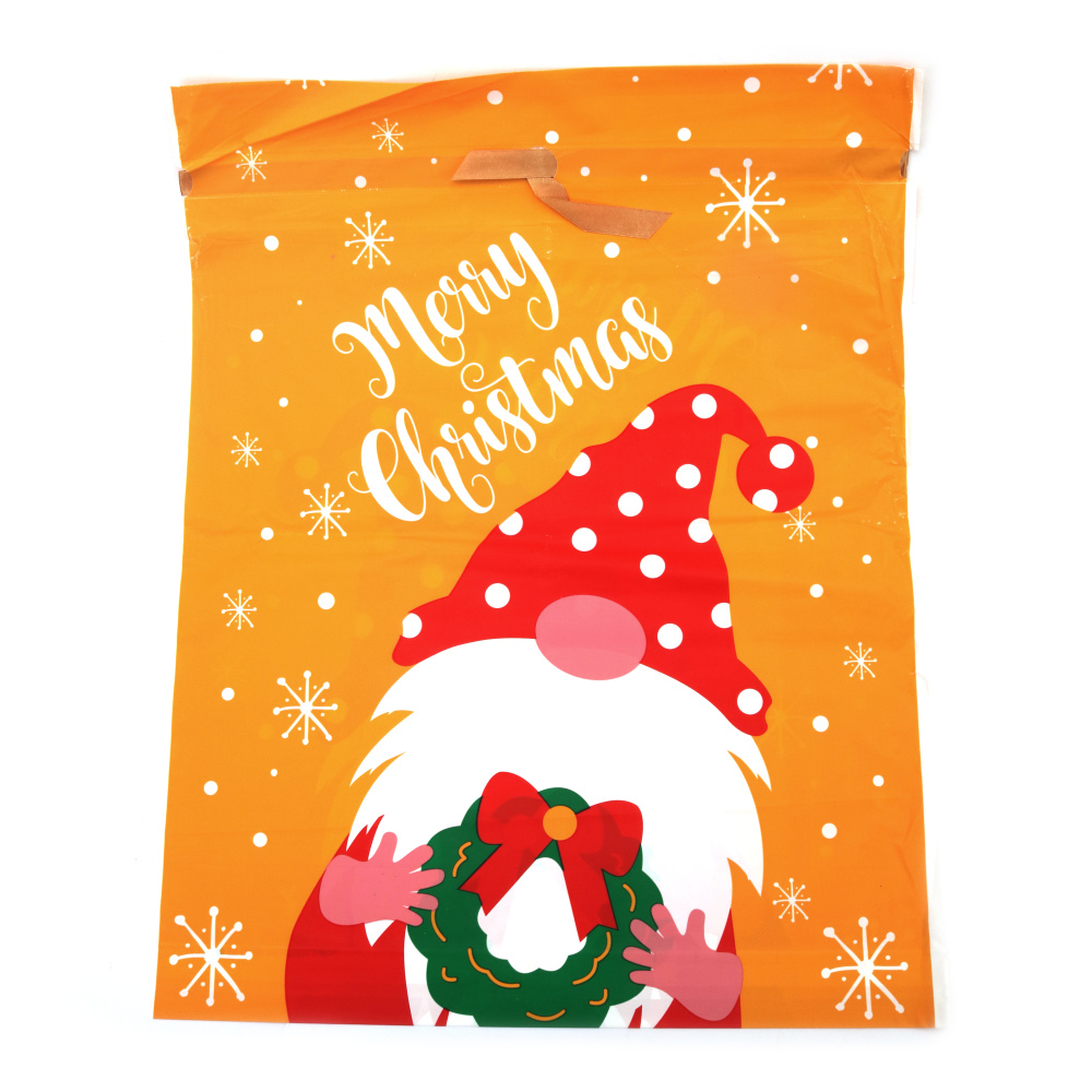 Plic de Crăciun din material PE 40x50 cm cu panglică de satin, culoare portocalie cu pitic de Crăciun - 1 bucată