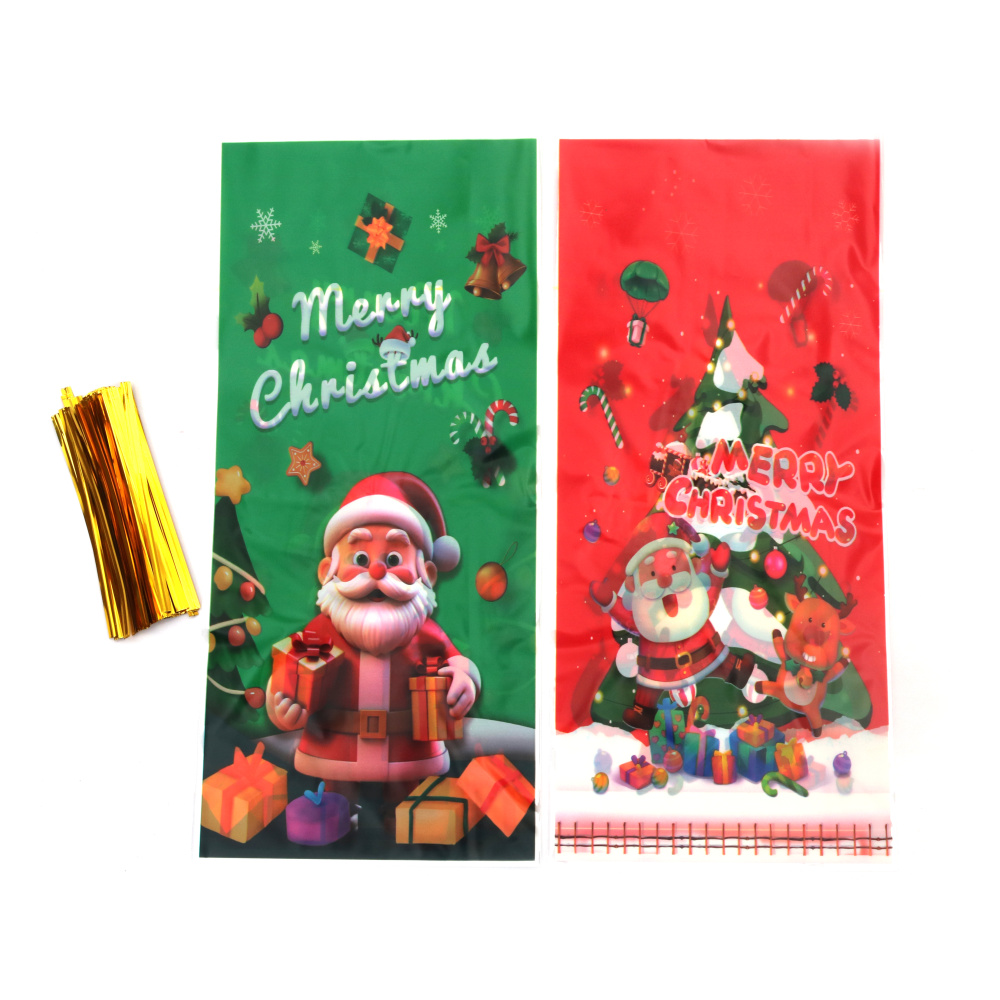 MIX Cellophane Bags 12x27 cm, 5 Cheerful Christmas Motif Designs with Tie – Set of 50