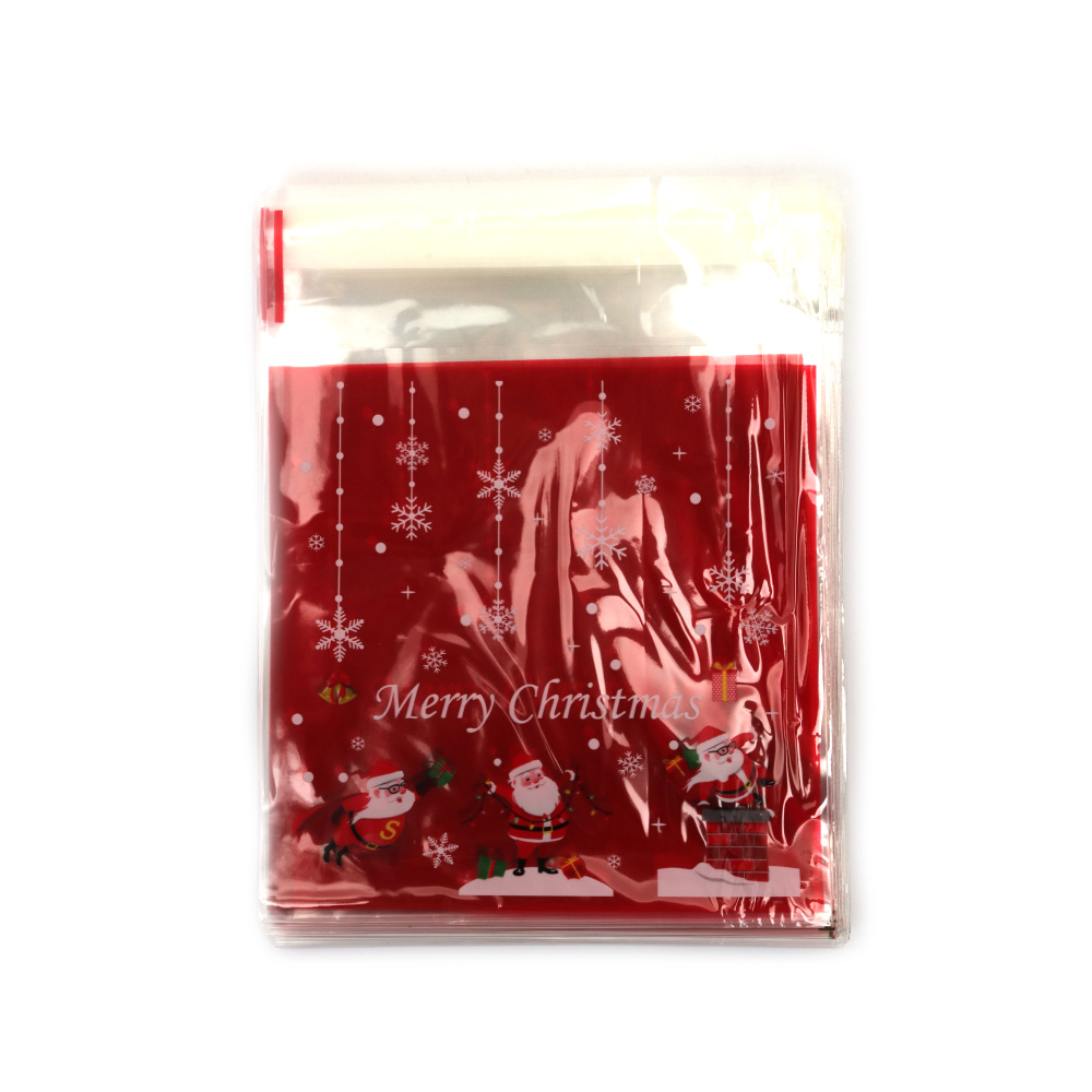 Transparent Cellophane Bags 10x13 cm with Red Back & Santa Carrying Gifts Design – Set of 100
