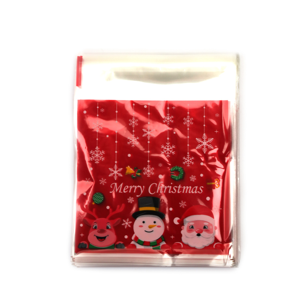 Plic de celofan 10x13 cm Moș Crăciun, om de zăpadă și căprioară, culoare transparentă, cu spate roșu și adeziv - 100 bucăți