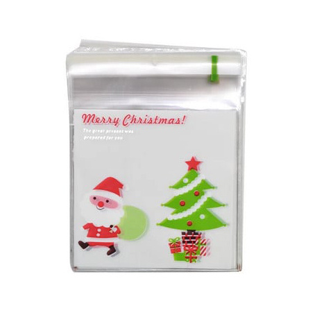 Plic de celofan 10x13 cm Moș Crăciun și bradul de Crăciun cu cadouri, culoare transparentă cu spate alb și adeziv - 100 bucăți