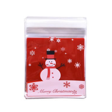 Plic de celofan 10x13 cm Crăciun Fericit de Snezhko, culoare transparentă cu spate roșu și adeziv - 100 bucăți