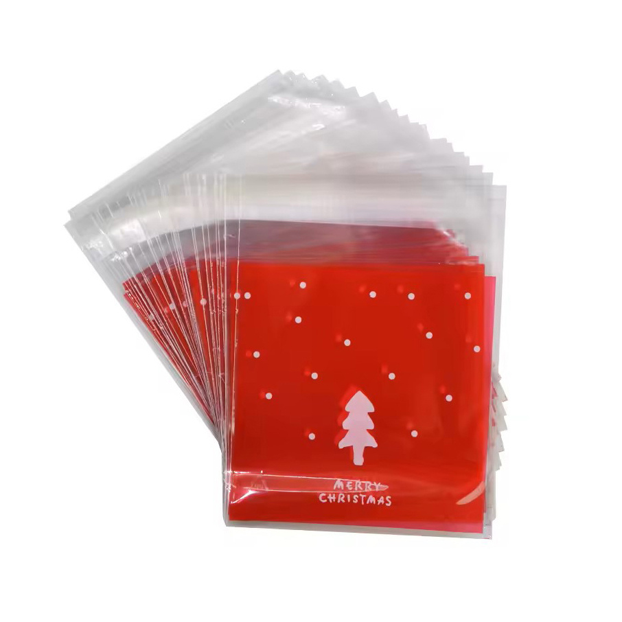 Plic de celofan 10x13 cm, culoarea bradului de Crăciun, transparent, cu spate roșu și adeziv - 100 bucăți