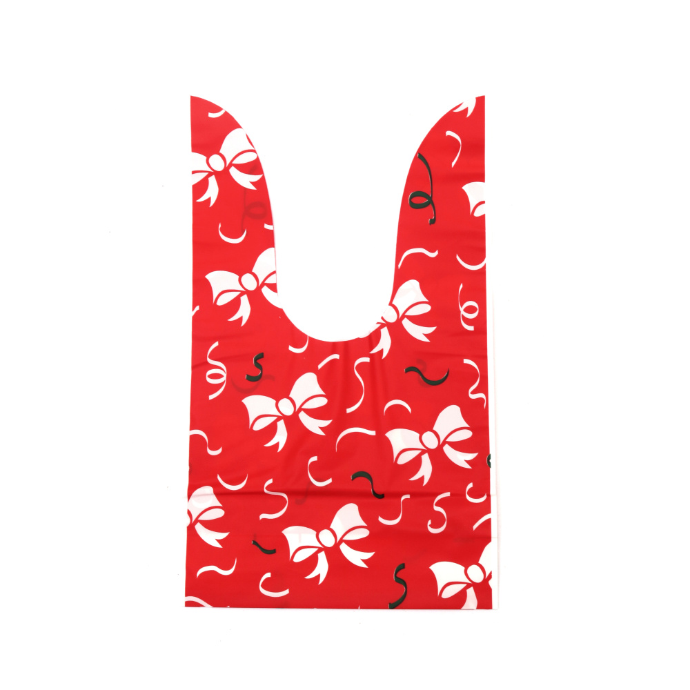 Pungi cadou cu mânere din material PE 14x23 cm, culoare roșie cu panglici - 50 bucăți