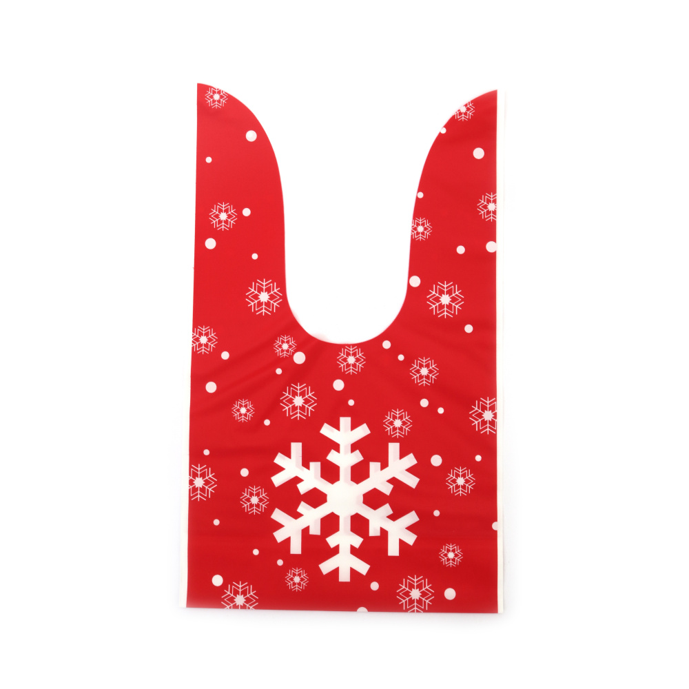 Pungi cadou de Crăciun cu mânere din material PE 14x23 cm culoare roșu cu fulgi de zăpadă - 50 bucăți