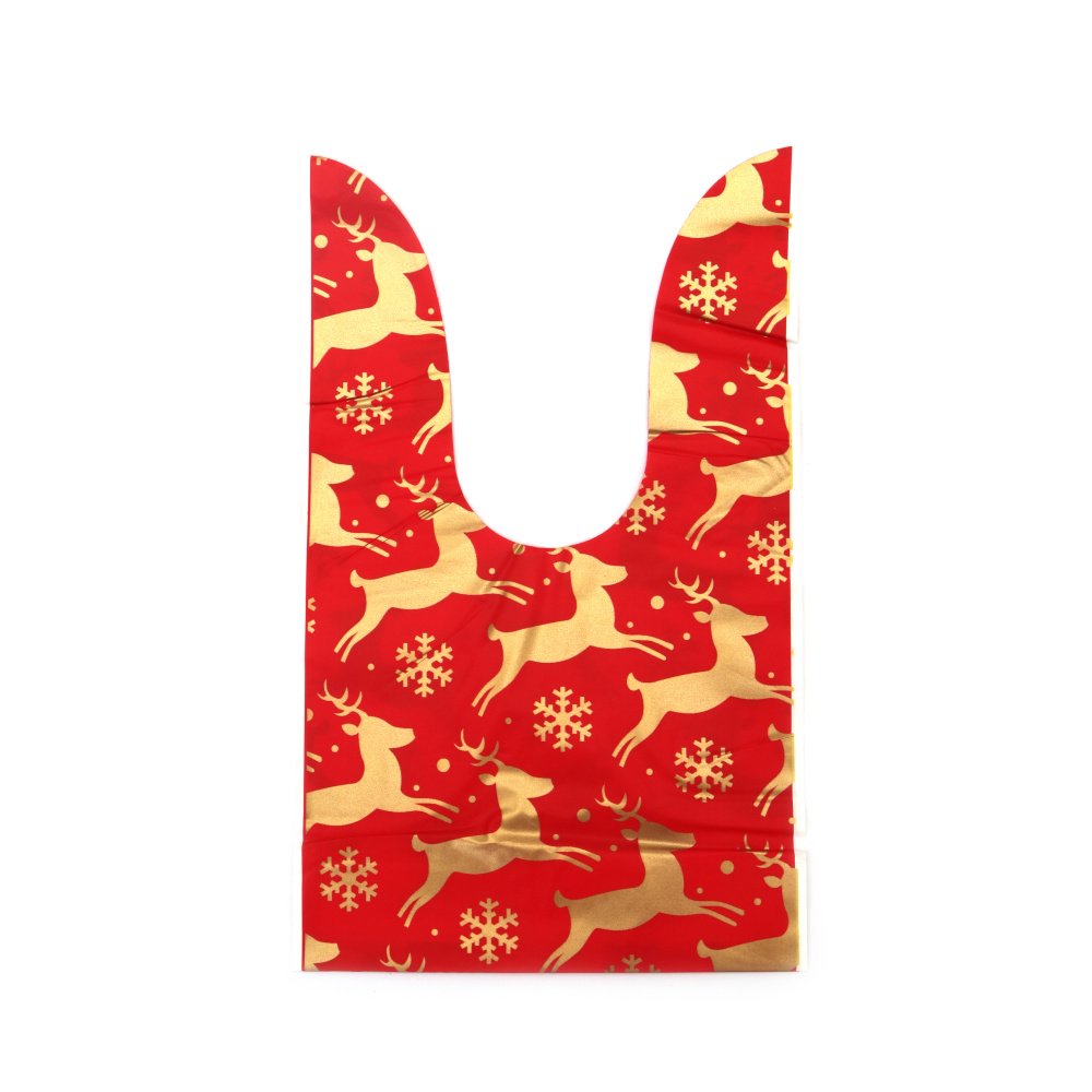 Pungi cadou de Crăciun cu mânere din material PE 14x23 cm, culoare roșie cu cerbi - 50 bucăți