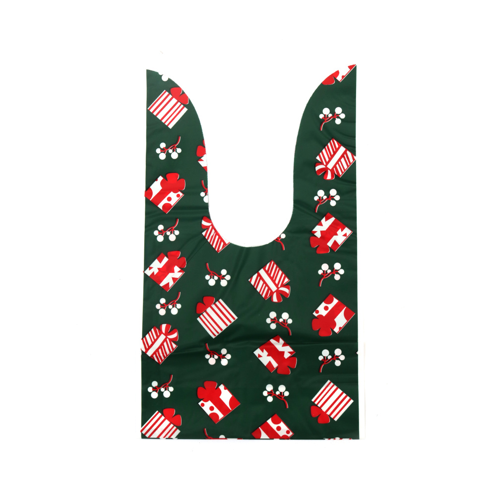 Pungi cadou de Crăciun cu mânere din material PE 14x23 cm, culoare verde cu motive de Crăciun - 50 bucăți