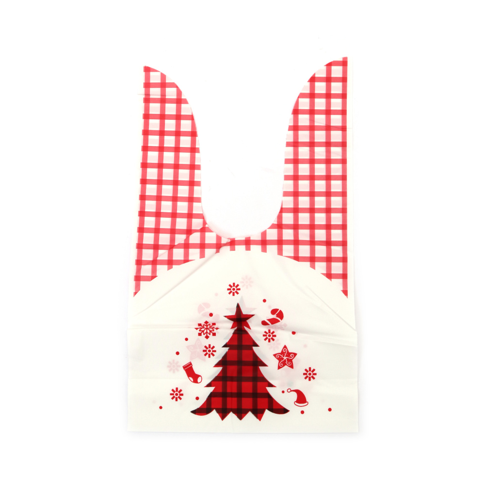 Pungi cadou de Crăciun cu mânere din material PE 14x23 cm, culoare alb și roșu cu brad de Crăciun - 50 bucăți