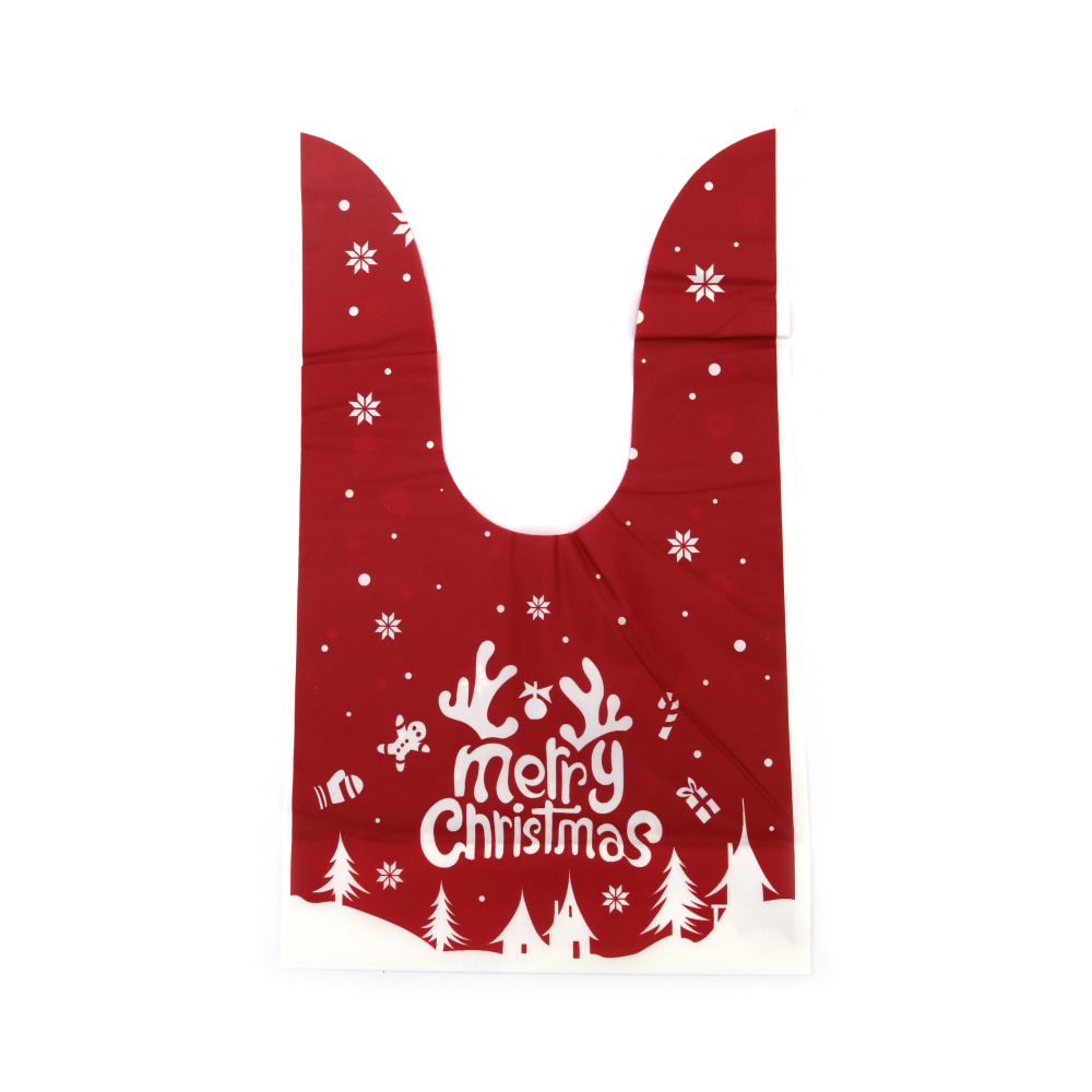 Pungi cadou de Crăciun cu mânere din material PE 14x23 cm culoare alb și roșu Crăciun Fericit - 50 bucăți