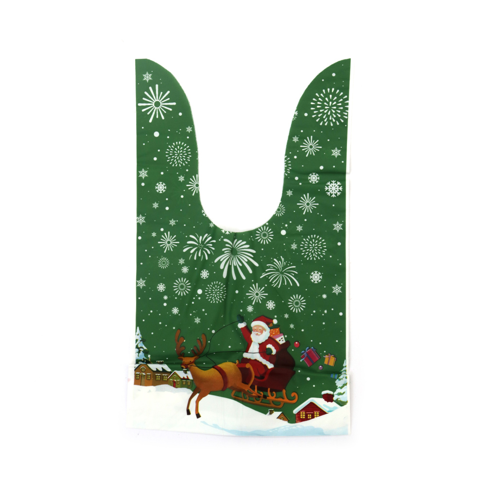Pungi cadou de Crăciun cu mânere din material PE 14x23 cm, culoare verde cu Moș Crăciun și sanie - 50 bucăți